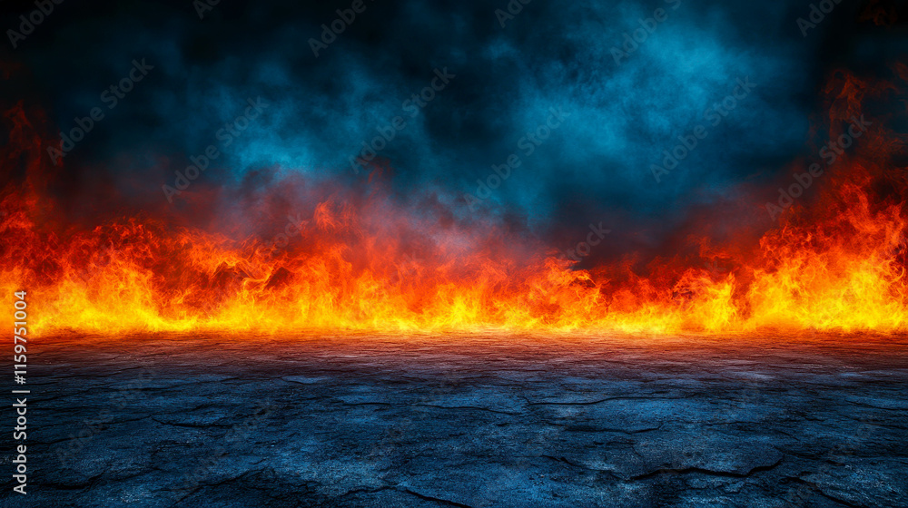 Dramatic contrast of raging fire against a dark, cloudy backdrop, capturing the essence of destruction and chaos in nature Dramatic contrast of raging fire against a dark, cloudy backdrop, capturing the essence of destruction and chaos in nature