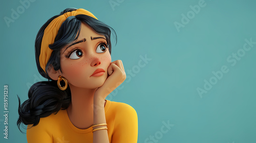 Thinking upset sad bored indian cartoon character young adult woman girl person portrait in 3d style design on light background. Wistful. Illustration