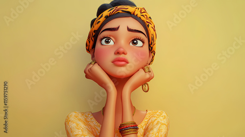 Thinking upset sad bored indian cartoon character young adult woman girl person portrait in 3d style design on light background. Wistful. Illustration