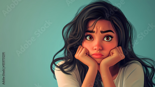 Thinking upset sad bored indian cartoon character young adult woman girl person portrait in 3d style design on light background. Wistful. Illustration