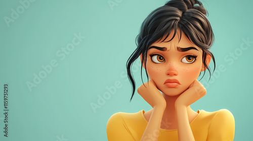 Thinking upset sad bored indian cartoon character young adult woman girl person portrait in 3d style design on light background. Wistful. Illustration