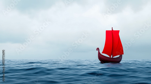 A lone Viking ship with a striking red sail navigating the calm ocean waters under a moody sky photo