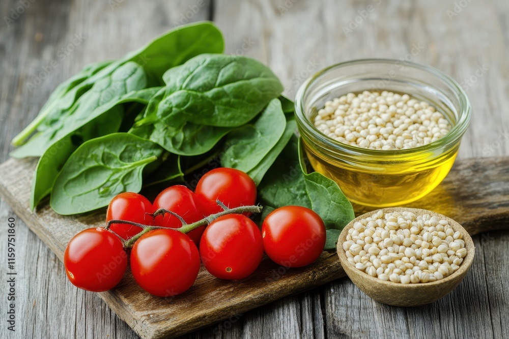 Vegan dish spinach salad with cherry tomatoes barley and olive oil on rustic wood Vegan dish spinach salad with cherry tomatoes barley and olive oil on rustic wood