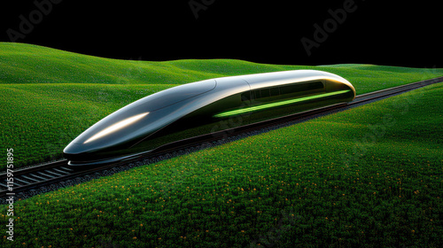 A futuristic high-speed train gliding through a lush green landscape under a dark sky