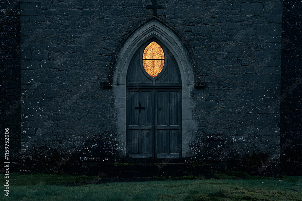 Mysterious church entrance at night, gothic architecture, illuminated stained glass window, dark stone walls, tranquil scene. Mysterious church entrance at night, gothic architecture, illuminated stained glass window, dark stone walls, tranquil scene.