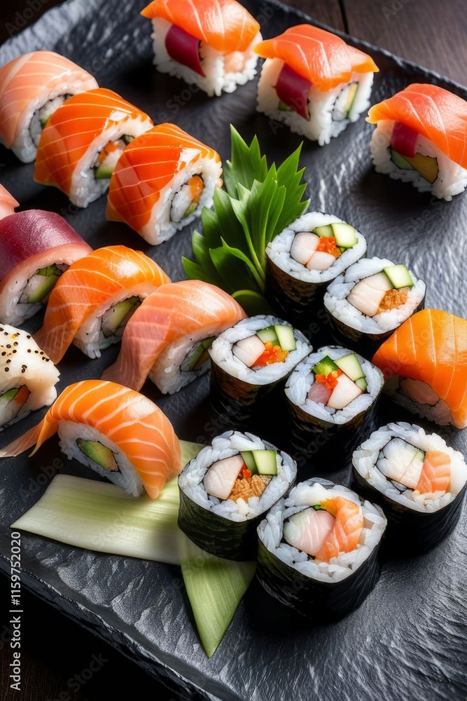 Beautifully arranged sushi selection with fresh fish, vibrant vegetables, and rice. Perfect for showcasing Japanese cuisine, appealing to food enthusiasts and culinary professionals alike. Beautifully arranged sushi selection with fresh fish, vibrant vegetables, and rice. Perfect for showcasing Japanese cuisine, appealing to food enthusiasts and culinary professionals alike.
