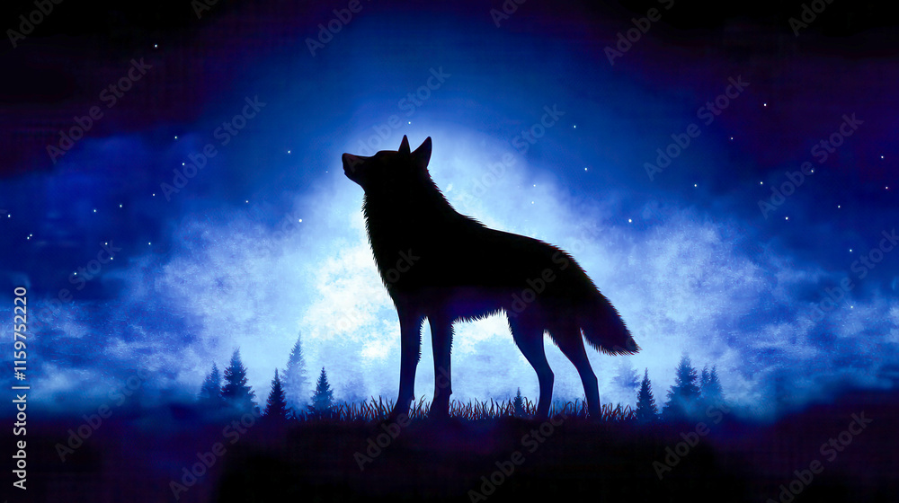 Majestic silhouette of a wolf against a mystical night sky illuminated by a bright moon and scattered stars Majestic silhouette of a wolf against a mystical night sky illuminated by a bright moon and scattered stars