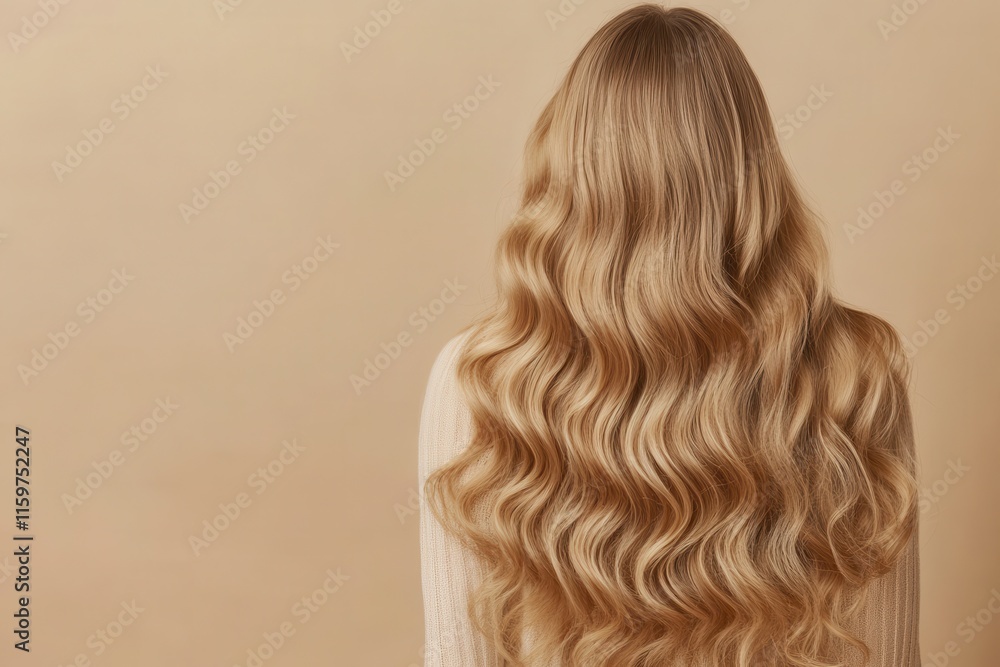Naklejka premium Very appealing blonde with long vibrant curly hair against a beige background and ample empty space