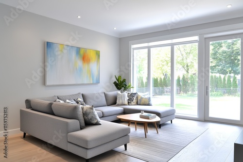 Modern living room with a cozy sofa, artwork, and natural light.