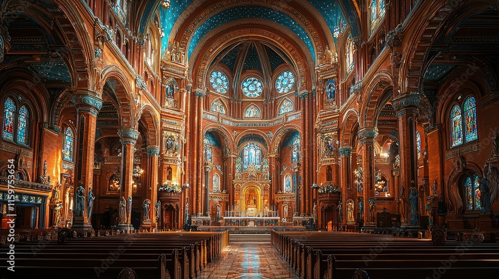 Fototapeta premium A stunning interior view of a grand church featuring ornate architecture and stained glass.