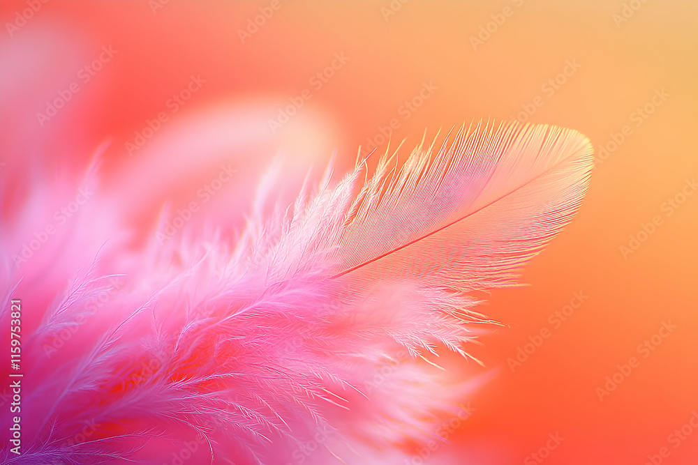 Obraz premium Delicate pink feather against a warm orange background. Perfect for design projects needing a soft, ethereal feel.