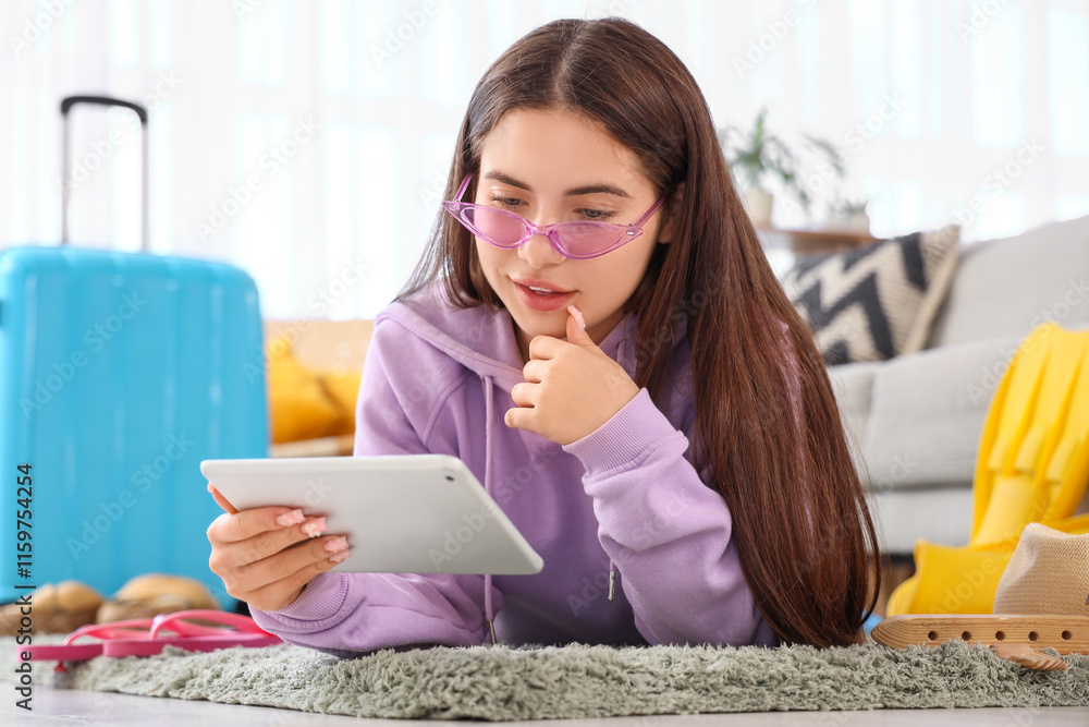 Female tourist with tablet computer booking room in hotel online on carpet at home Female tourist with tablet computer booking room in hotel online on carpet at home