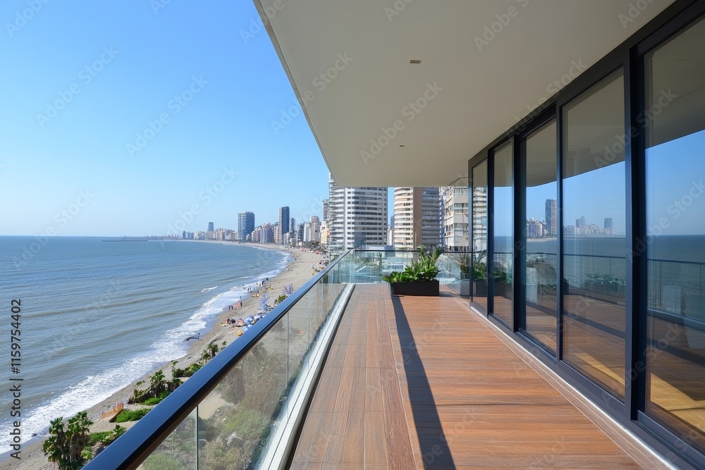 Modern balcony view overlooking a beach and city skyline on a clear day. Modern balcony view overlooking a beach and city skyline on a clear day.
