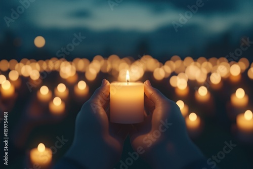 Hands holding a lit candle during a vigil in the evening photo