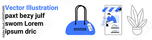 Online store featuring a handbag with a price tag, a person viewed through an e-commerce application, and a potted plant. Ideal for e-commerce, web design, mobile apps, retail, digital marketing
