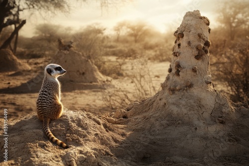 Meerkat cautiously peering behind termite mound in natural setting