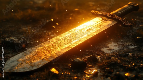 Sword glowing in the sunlight rests on a wet ground surrounded by shimmering droplets at sunset photo