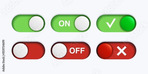 On and Off Toggle Switch Buttons with Lettering, Tick and Cross. Green and Red UI Mockup on White Background. Vector Graphic Design Template