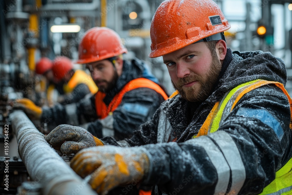 Workers in safety gear operating machinery in an industrial setting. Workers in safety gear operating machinery in an industrial setting.