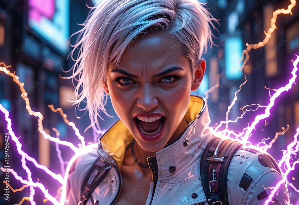 Fototapeta premium Angry Cyberpunk Woman in Neon Lit Alleyway. Generative AI