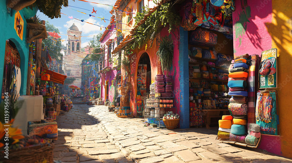 Fototapeta premium A street market surrounded by vibrant murals, with the art on the walls blending with the colors of the goods on sale, creating a seamless flow of creativity and commerce. 