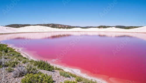  Aerial view of the vibrant pink Las Coloradas lakes. Surrounded by white salt dunes and lush green vegetation.  Clear blue sky reflecting on the water. Peaceful and breathtaking natural.