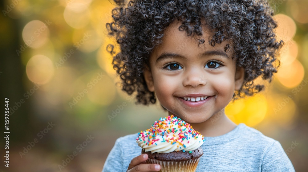 Naklejka premium Happy toddler holding a cupcake outdoors.