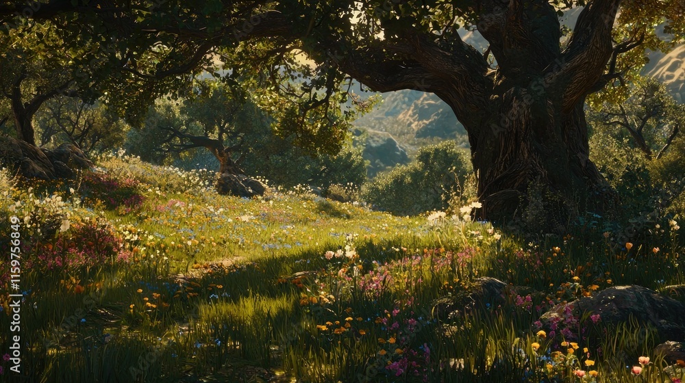 Fototapeta premium Sunlit meadow with wildflowers and ancient olive trees on a hillside.