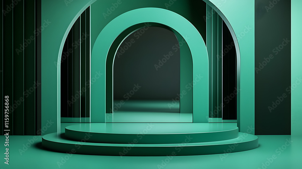 3d rendering of Green and black abstract geometric background. Scene for advertising, technology, showcase, banner, game, sport, cosmetic, business, metaverse. Sci-Fi Illustration. Product display


