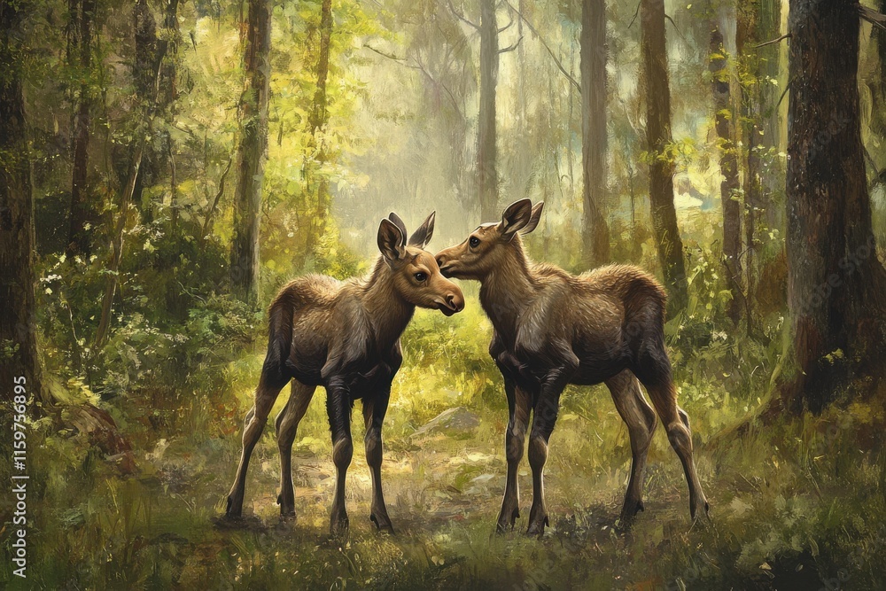 Playful moose calves in forest with dappled sunlight joy