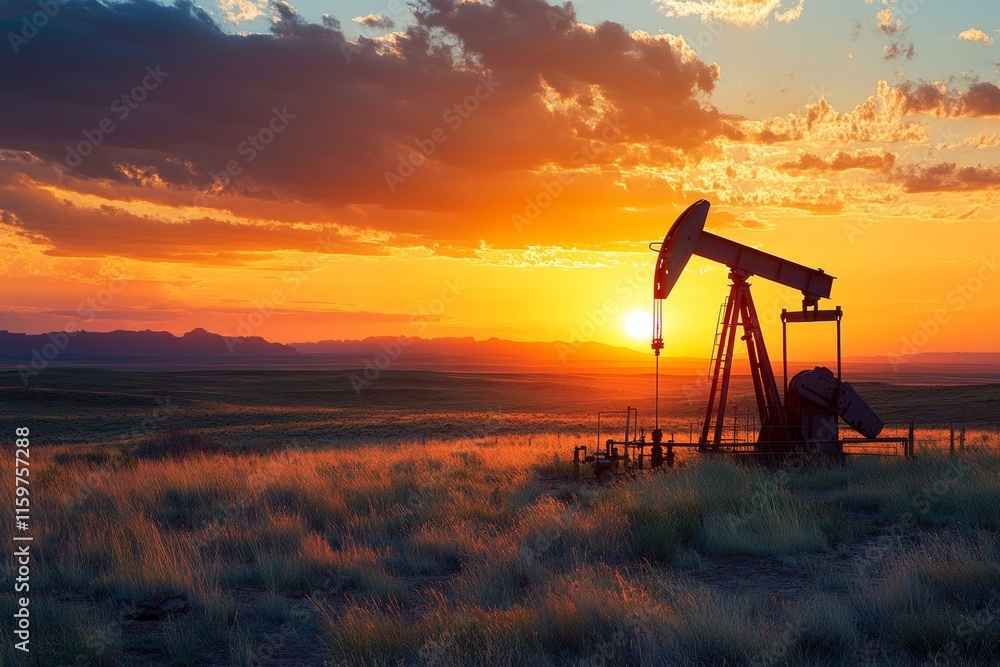Naklejka premium Sunset over an oil pump in a vast landscape, highlighting energy extraction.