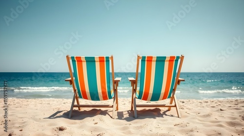 Fototapeta Naklejka Na Ścianę i Meble -  two vibrant orange and turquoise striped beach chairs facing a calm blue ocean under a sunny sky, space for copy
