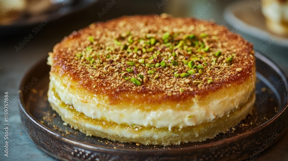 Kunefe with melted cheese oozing from its layers, topped with pistachio crumbs Kunefe with melted cheese oozing from its layers, topped with pistachio crumbs