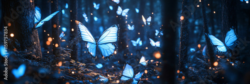 A swarm of glowing, bioluminescent butterflies fluttering through a dense, dark forest, lighting the way like living lanterns.   photo