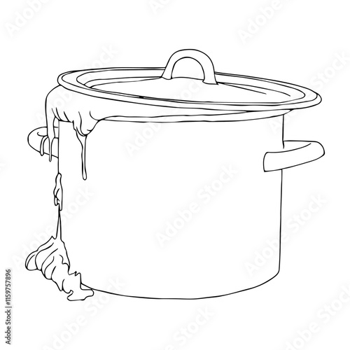 A saucepan from which dough runs away in doodle style. Vector illustration isolated on white background.