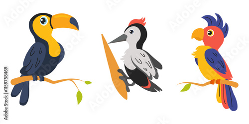 Colorful tropical birds perched on branches in a vibrant illustration