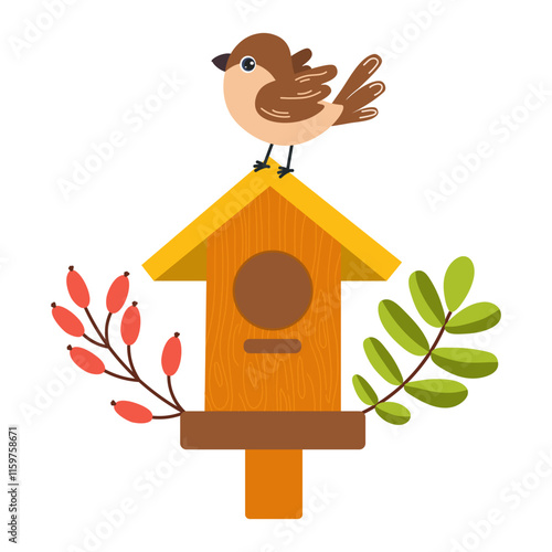 Bird perched on colorful birdhouse with leaves and berries during autumn season