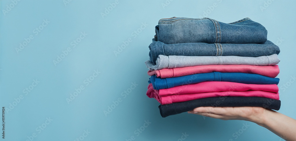 Neatly Folded Denim and Colorful Clothes Stack on a Blue Background for Home Organization and Laundry Concepts Neatly Folded Denim and Colorful Clothes Stack on a Blue Background for Home Organization and Laundry Concepts