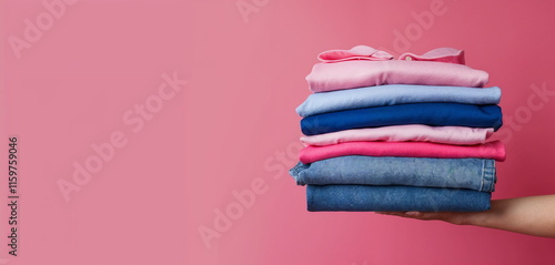 Folded Colorful Clothes Stack on a Pink Background for Laundry and Organization Concepts photo