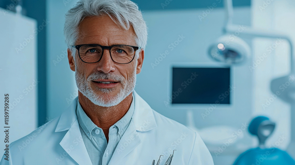 Smiling dentist with gray hair and glasses in a modern clinic offering professional dental care and services Smiling dentist with gray hair and glasses in a modern clinic offering professional dental care and services