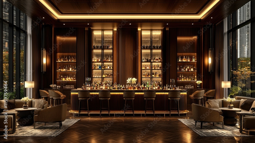 A stylish bar interior featuring elegant seating and a well-stocked shelf of spirits. A stylish bar interior featuring elegant seating and a well-stocked shelf of spirits.