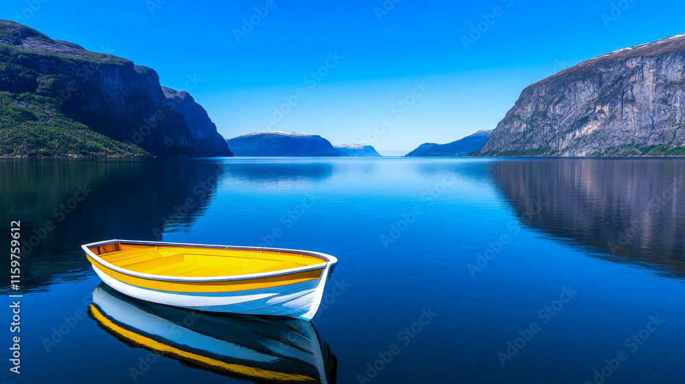 Fototapeta A serene fishing boat anchored in tranquil waters surrounded by majestic cliffs and a clear blue sky in Norway