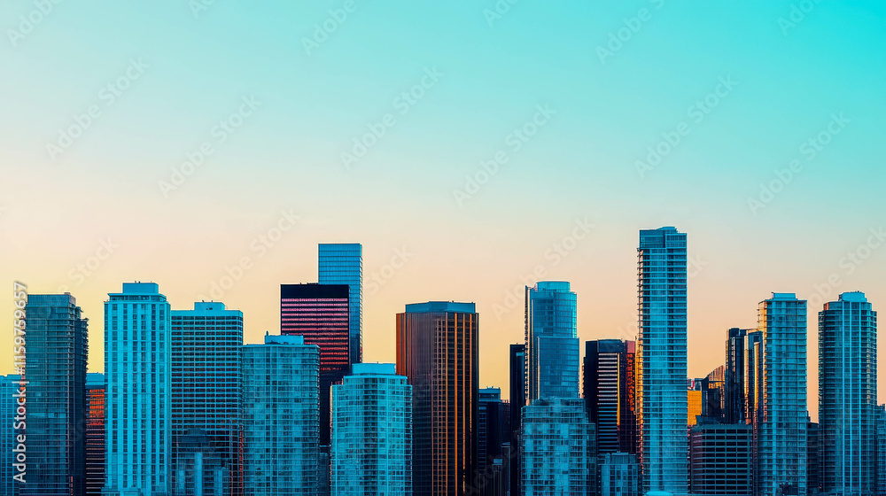 Obraz premium Stunning skyline silhouette of modern skyscrapers at twilight, showcasing urban architecture against a colorful sunset sky