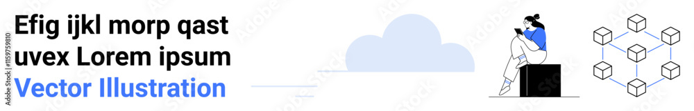 Woman working on a laptop while seated on a black box, with geometric cubes and a cloud in the background. Ideal for tech development, remote work, digital innovation, collaboration, cloud computing Woman working on a laptop while seated on a black box, with geometric cubes and a cloud in the background. Ideal for tech development, remote work, digital innovation, collaboration, cloud computing