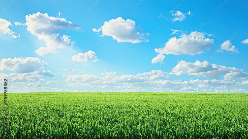 Obraz premium Sunny day, green field, blue sky, fluffy clouds.
