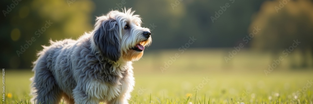 Adorable Old English Sheepdog enjoying a sunny day in a lush green field perfect for dog lovers pet product marketing or nature themed projects Adorable Old English Sheepdog enjoying a sunny day in a lush green field perfect for dog lovers pet product marketing or nature themed projects