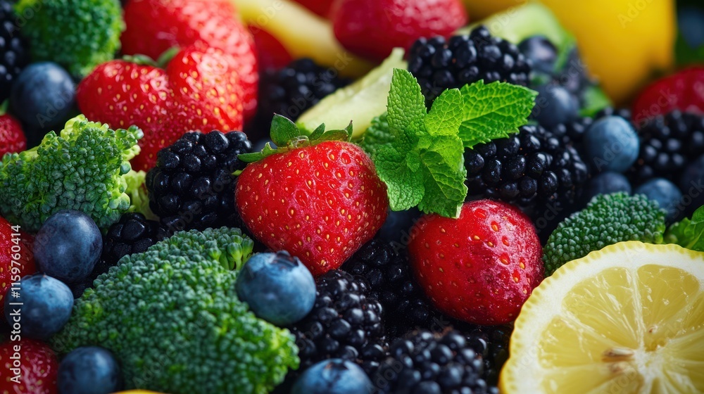 Vibrant Healthy Mix: A Colorful Fusion of Fresh Berries, Broccoli, and Citrus Vibrant Healthy Mix: A Colorful Fusion of Fresh Berries, Broccoli, and Citrus