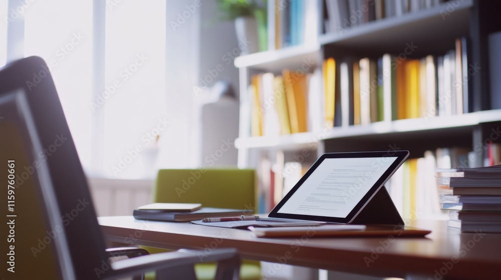 Naklejka premium Academic reading research papers on a tablet in a modern study. Featuring a tidy desk and study materials