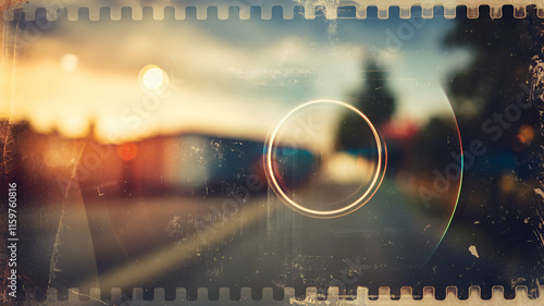 An abstract photo with a vintage retro look. The image has a lens optical flare and glare effect. There are scratches and dust on the photo. The background is blurred. The photo has a film noise overl photo