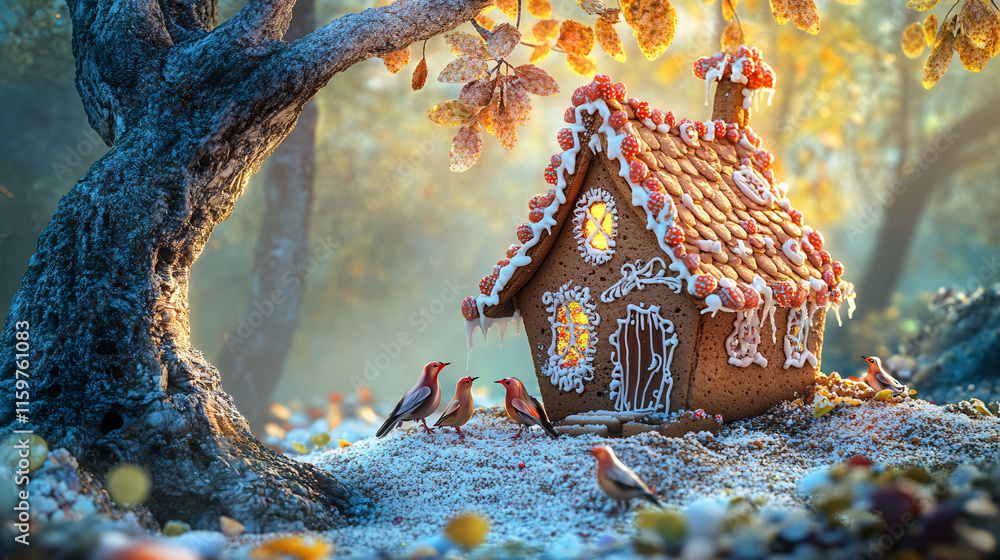 Obraz premium A whimsical scene of a tree fallen on a fairytale house made of gingerbread, with candy shingles cracked open and birds trying to help repair the roof. 